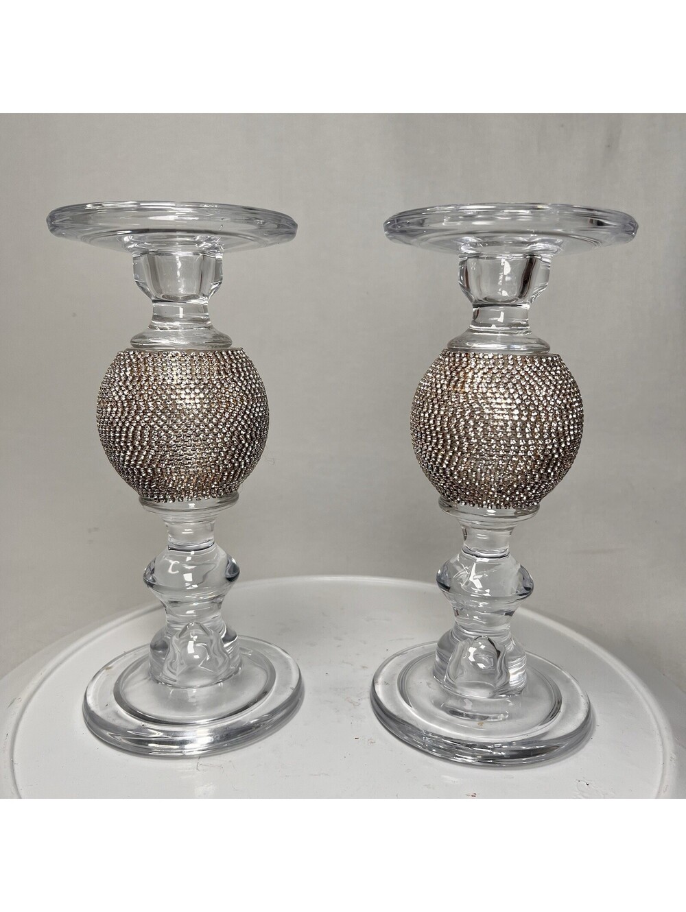 Rhinestone Glass Candle Holders Pair Diamond Star Exquisite Holiday Decor 9.5"